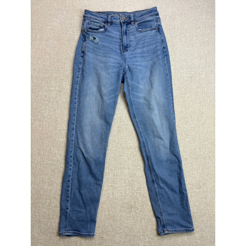 American Eagle Mom Jeans Womens 4 Long Blue High Waisted Distressed Denim Pants